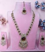 Green yellow gold premium designer american diamond and stone work necklace set
