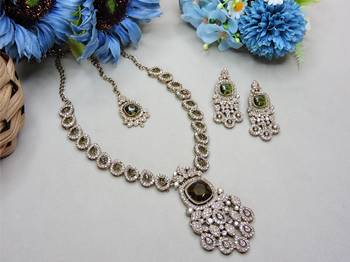 Green yellow gold premium designer american diamond and stone work necklace set 2