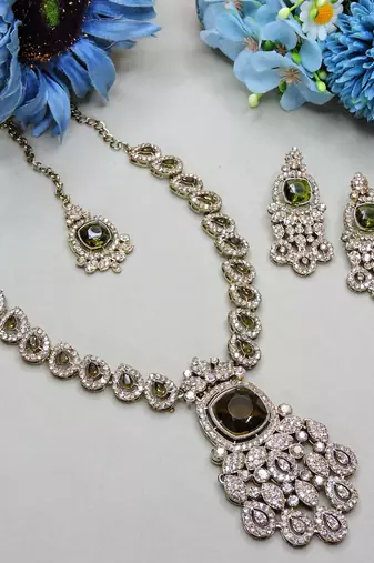 Green yellow gold premium designer american diamond and stone work necklace set