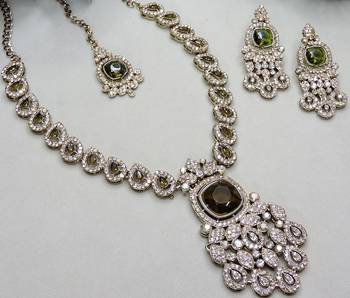 Green yellow gold premium designer american diamond and stone work necklace set 3