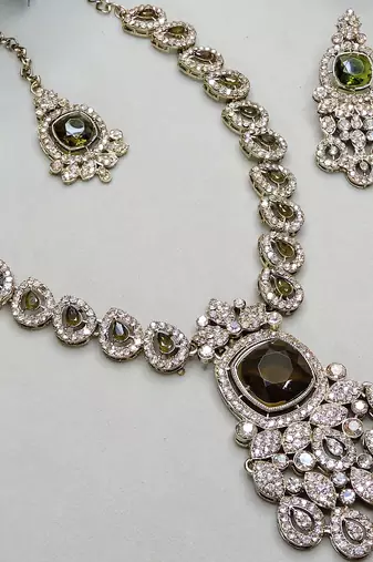 Green yellow gold premium designer american diamond and stone work necklace set