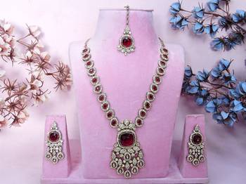 Maroon yellow gold premium designer american diamond and stone work necklace set 1