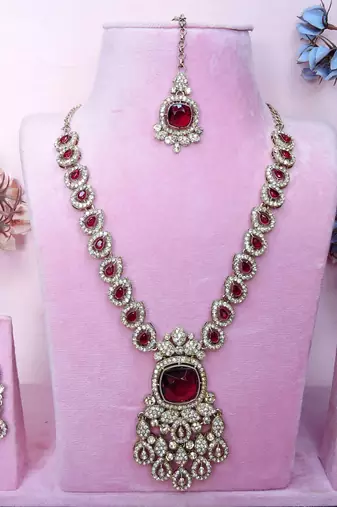 Maroon yellow gold premium designer american diamond and stone work necklace set