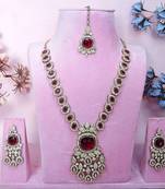 Maroon yellow gold premium designer american diamond and stone work necklace set
