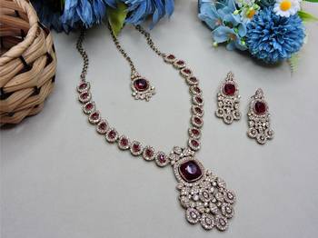 Maroon yellow gold premium designer american diamond and stone work necklace set 2