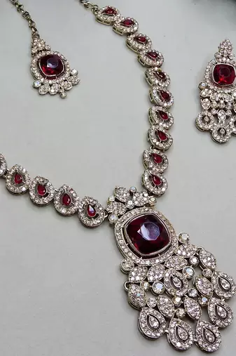 Maroon yellow gold premium designer american diamond and stone work necklace set