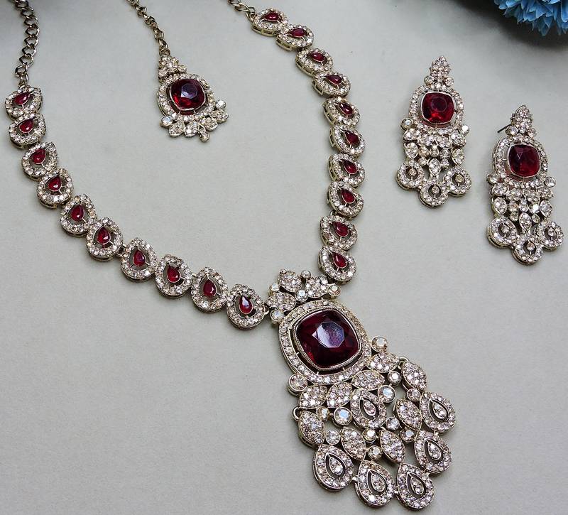 Maroon yellow gold premium designer american diamond and stone work necklace set