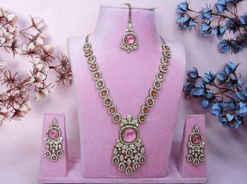 Pink yellow gold premium designer american diamond and stone work necklace set 1