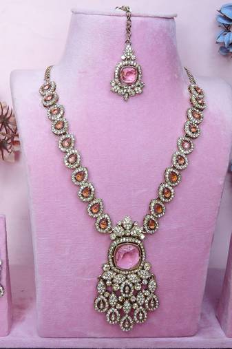Pink yellow gold premium designer american diamond and stone work necklace set