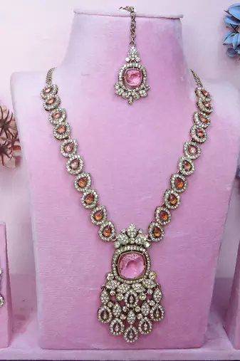 Pink yellow gold premium designer american diamond and stone work necklace set