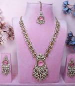 Pink yellow gold premium designer american diamond and stone work necklace set