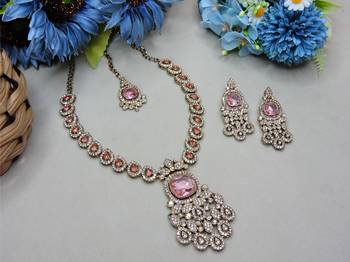 Pink yellow gold premium designer american diamond and stone work necklace set 2