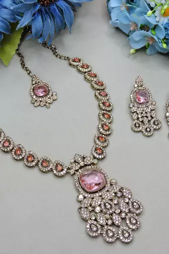 Pink yellow gold premium designer american diamond and stone work necklace set