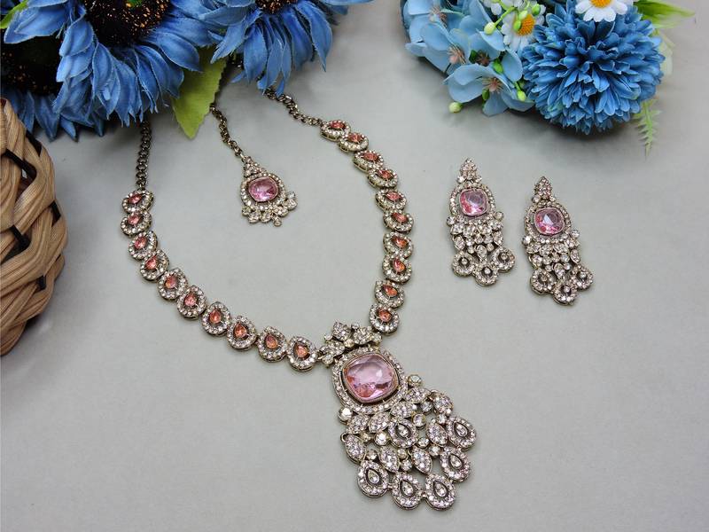 Pink yellow gold premium designer american diamond and stone work necklace set