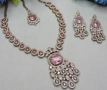 Pink yellow gold premium designer american diamond and stone work necklace set 3