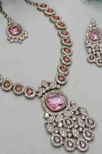 Pink yellow gold premium designer american diamond and stone work necklace set