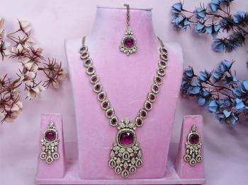 Purple yellow gold premium designer american diamond and stone work necklace set 1
