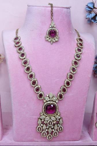 Purple yellow gold premium designer american diamond and stone work necklace set