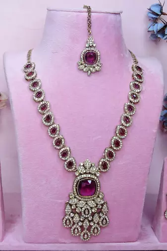 Purple yellow gold premium designer american diamond and stone work necklace set