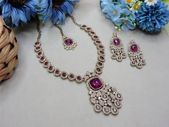 Purple yellow gold premium designer american diamond and stone work necklace set 2