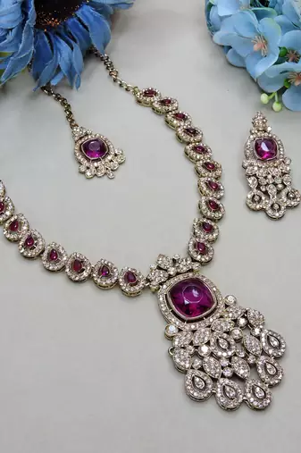 Purple yellow gold premium designer american diamond and stone work necklace set