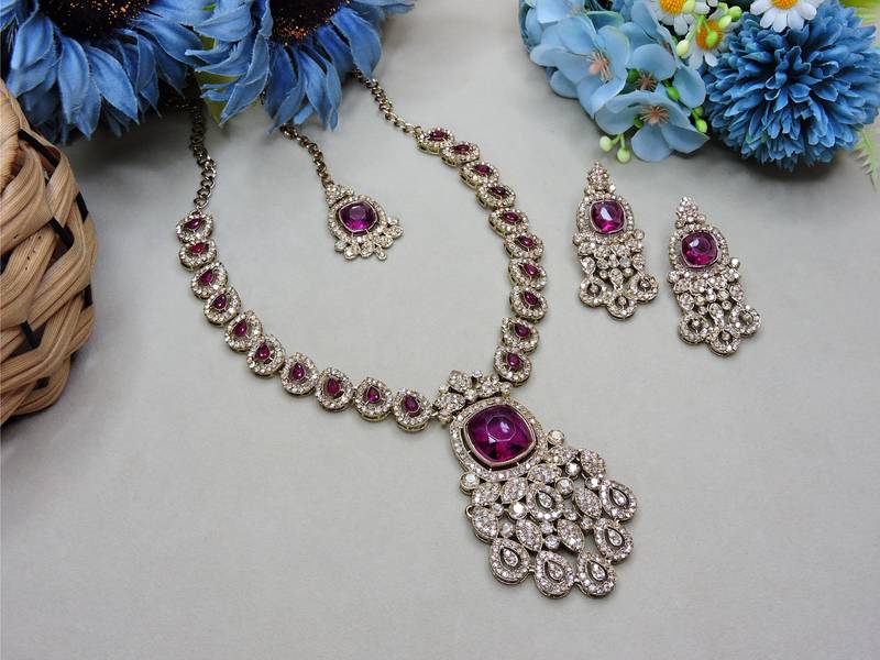Purple yellow gold premium designer american diamond and stone work necklace set