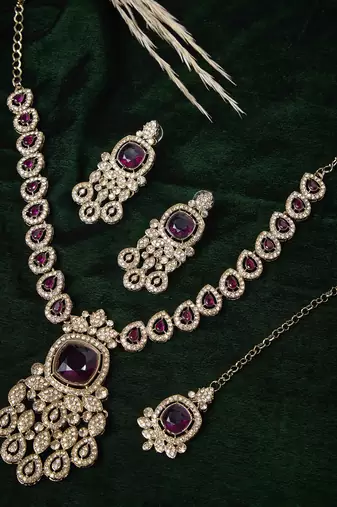 Purple yellow gold premium designer american diamond and stone work necklace set