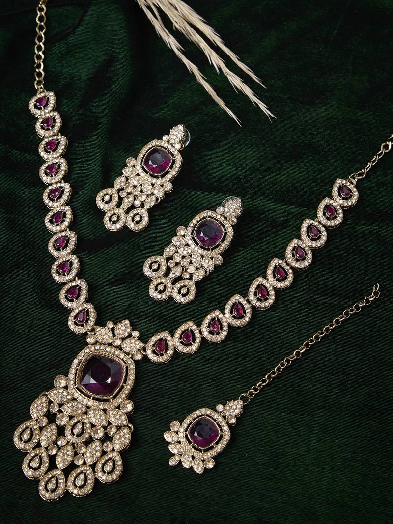 Purple yellow gold premium designer american diamond and stone work necklace set