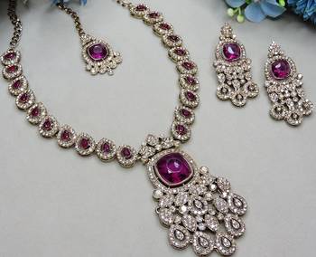 Purple yellow gold premium designer american diamond and stone work necklace set 4