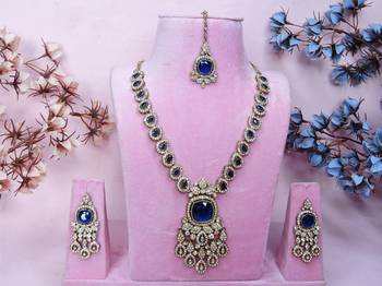 Blue yellow gold premium designer american diamond and stone work necklace set 1