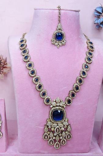 Blue yellow gold premium designer american diamond and stone work necklace set