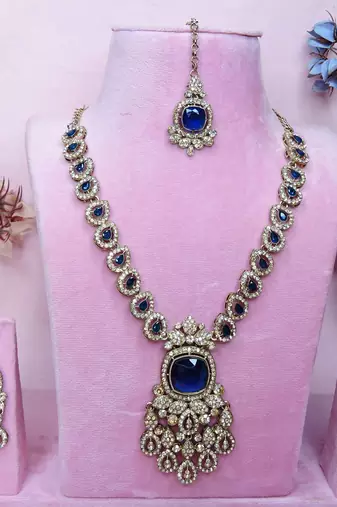 Blue yellow gold premium designer american diamond and stone work necklace set