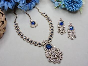 Blue yellow gold premium designer american diamond and stone work necklace set 2