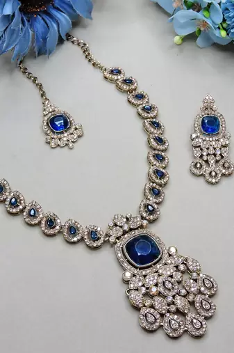 Blue yellow gold premium designer american diamond and stone work necklace set