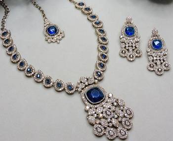 Blue yellow gold premium designer american diamond and stone work necklace set 3
