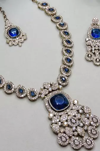 Blue yellow gold premium designer american diamond and stone work necklace set