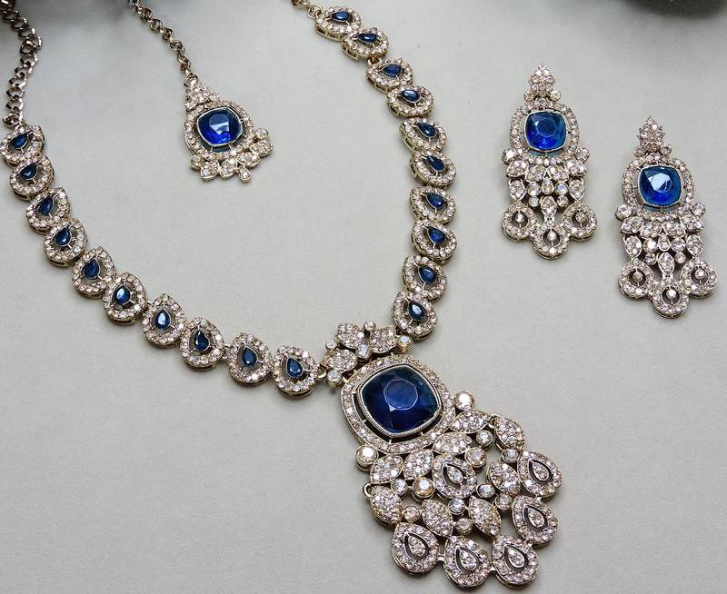 Blue yellow gold premium designer american diamond and stone work necklace set