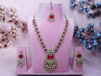 Pink yellow gold premium designer american diamond and stone work necklace set 1