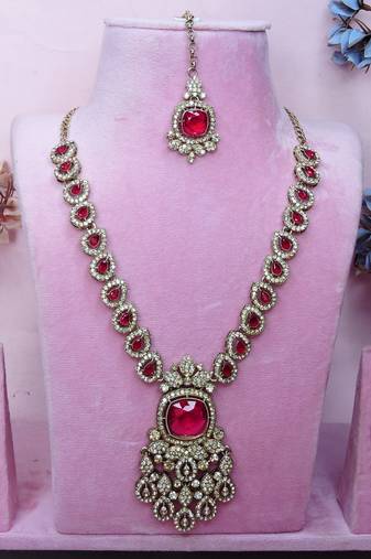 Pink yellow gold premium designer american diamond and stone work necklace set