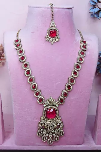 Pink yellow gold premium designer american diamond and stone work necklace set