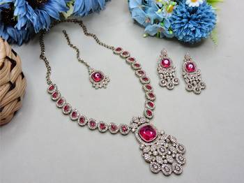 Pink yellow gold premium designer american diamond and stone work necklace set 2