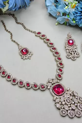 Pink yellow gold premium designer american diamond and stone work necklace set