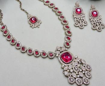 Pink yellow gold premium designer american diamond and stone work necklace set 3
