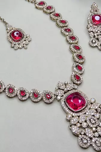Pink yellow gold premium designer american diamond and stone work necklace set