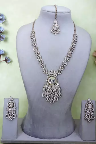 White yellow gold premium designer american diamond and stone work necklace set