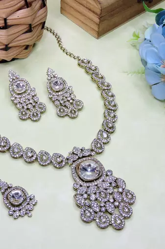 White yellow gold premium designer american diamond and stone work necklace set