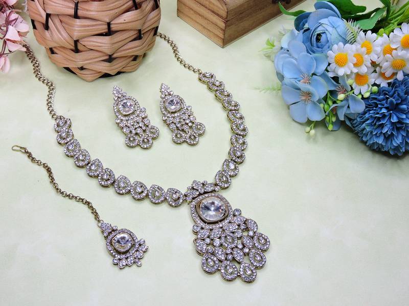 White yellow gold premium designer american diamond and stone work necklace set