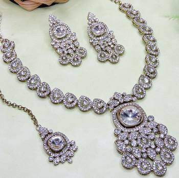White yellow gold premium designer american diamond and stone work necklace set 3
