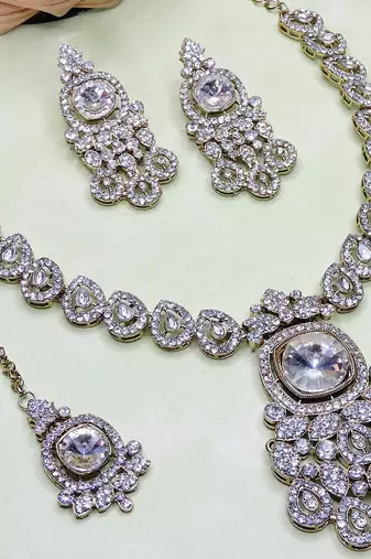 White yellow gold premium designer american diamond and stone work necklace set