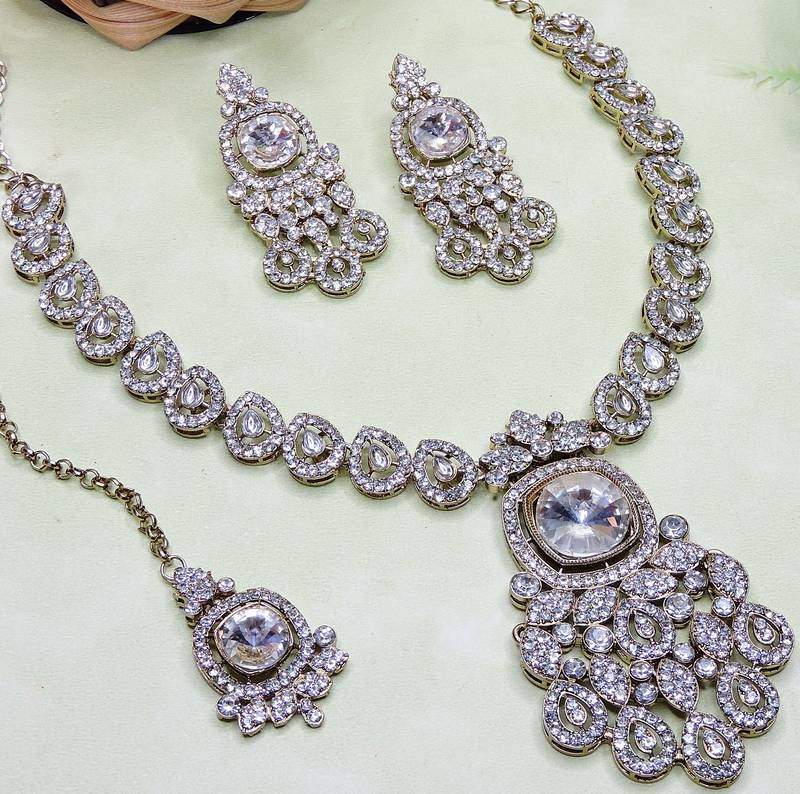 White yellow gold premium designer american diamond and stone work necklace set